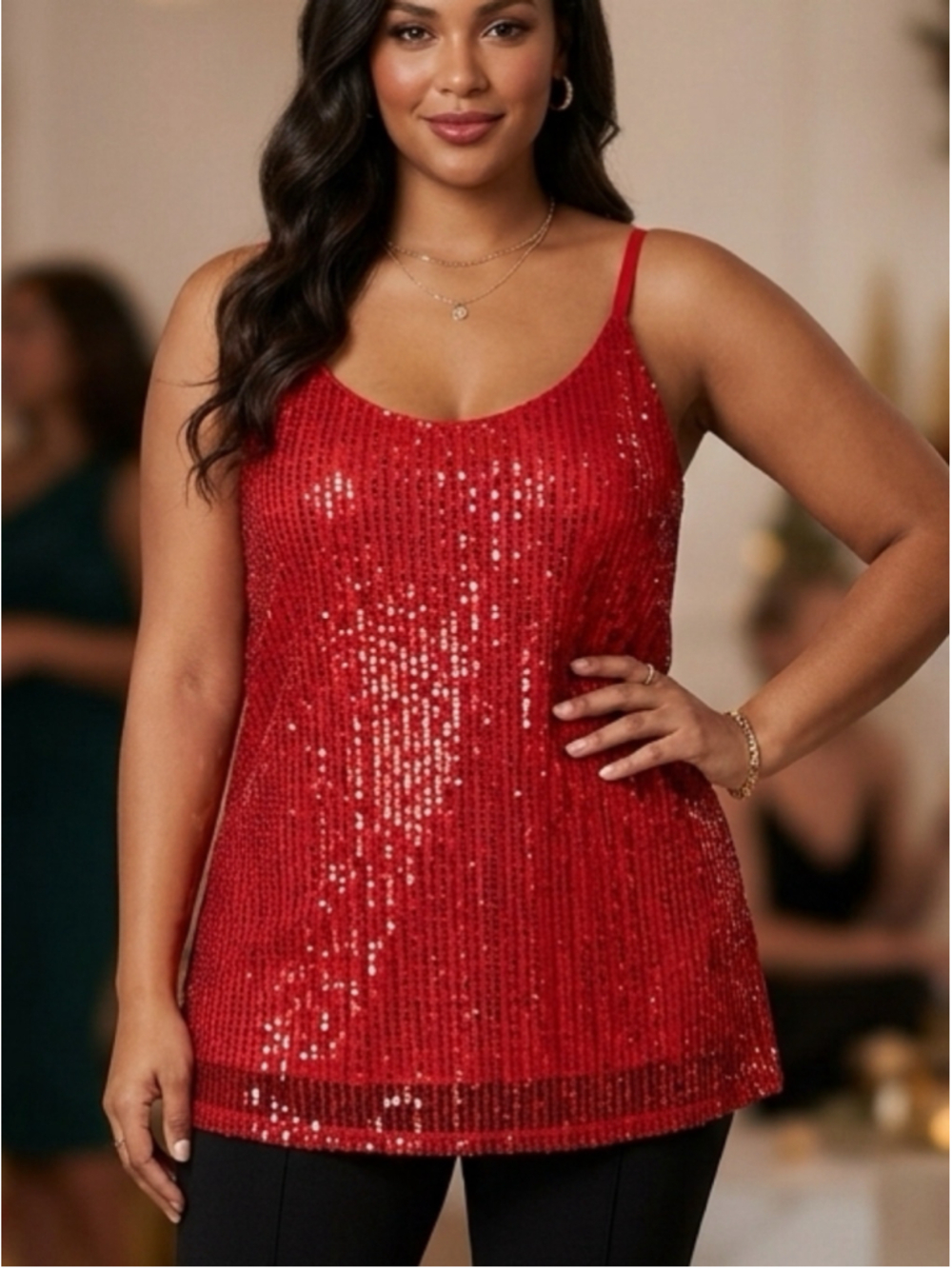 Womans Red Sequin Camisole XL party dressy trendy chic New Year’s Y2K 1251